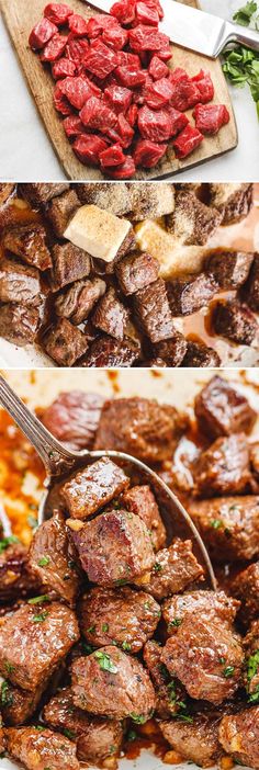 the process of cooking meat and vegetables on a cutting board, then being sliced into cubes