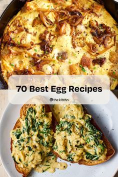 an egg dish with spinach and mushrooms on it in a skillet next to the words, 70 best egg recipes