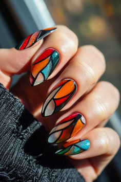 Stained Glass For December Celebrations Vibrant Nail Art Stained Glass Manicure, Nails Inspiration Holiday, Green And Red Nail Art, Letters Nail Art, Stained Glass Nail Art Design, Bold Nails Designs, Stained Glass Nail Art Tutorial, Stained Glass Nails Designs, Stain Glass Window Nails