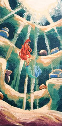 an oil painting of a red haired girl in the middle of a forest with trees and rocks