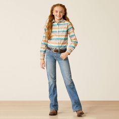 A versatile, easy-to-wear jean that goes from school to the barn and everywhere in between. Laser detailing on the back pockets adds iconic Ariat style. Style: 10051880 Five-pocket styling Slim fitting through thigh 17" boot cut leg opening stacks perfectly over boots Model is 4'7" wearing size 10 12.6 oz ring-spun denim Performance Stretch lets the fabric move with your body 99% Cotton, 1% Elastane Men Workwear, Twisted X Boots, Mens Boots Casual, Casual Outerwear, Classic Boots, Boot Cut Denim, Boot Cut Jeans, Girls Boots, Country Outfits