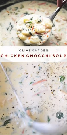 chicken gnocchi soup in a pot with a ladle scooping it out