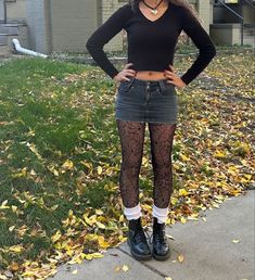 Black Sheer Stockings Outfit, Fall Skirt Tights Outfit, Jean Skirt Outfits With Tights, Halloween Tights Outfit, Salem Aesthetic Outfits, Casual Dress Outfit For School, Mini Jean Skirt Outfit Winter, Sweater With Tights Outfit, Styling Tights Outfit