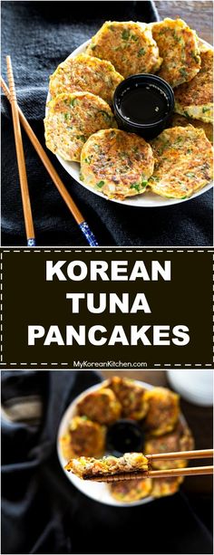 korean tuna pancakes on a plate with chopsticks next to it and the recipe below