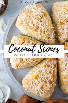 coconut scones with coconut glaze on a plate