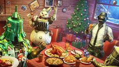 an animated image of two people at a table with food in front of christmas tree