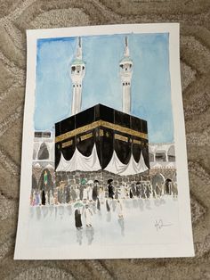 a painting of the ka'bah in front of a building with people walking around it