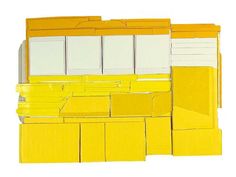 a drawing of yellow cabinets and drawers in a room with white cupboards on the wall