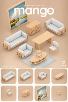 an image of a living room set made out of wood and white couches, coffee table