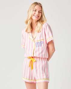 Retro Striped Pajama Shorts Set Pajama Set Pink / XXS Striped Pajama Pants, Katie Kime, Bridal Pajamas, Church Dress, Short Pj Set, Cuddl Duds, Striped Pyjamas, Retro Stripes, Embroidered Clothes