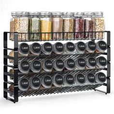 an organized spice rack with jars and spices on the bottom shelf is shown in this image