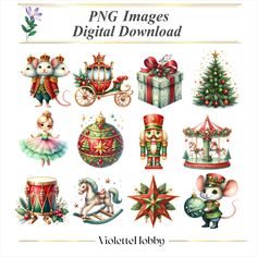 various christmas items and decorations are shown in this digital file, with the text png images