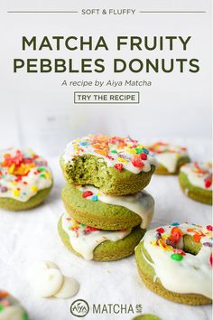 matcha fruity pebbles donuts with white frosting and sprinkles