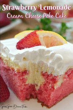 strawberry lemonade cream cheese poke cake on a plate