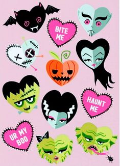 an assortment of halloween stickers on a pink background with the words bite me, your my boo