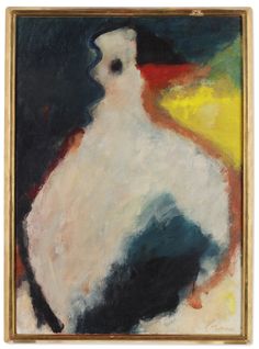 an oil painting of a white bird on a black background