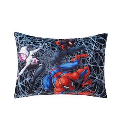 a spiderman pillow is shown on a white background with black and blue lines around it