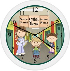 a clock with three children standing in front of the school name nurse on it's face