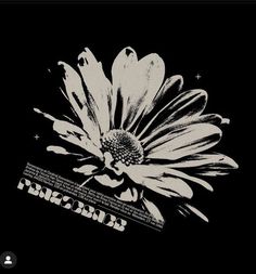 a black and white photo of a flower on a dark background with words written below it