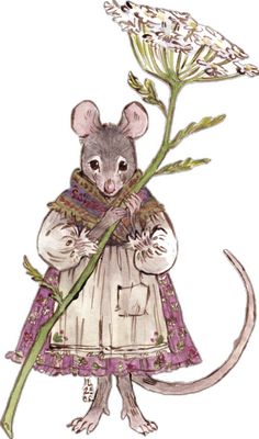 a drawing of a mouse holding a flower in its hand and wearing a dress with flowers on it