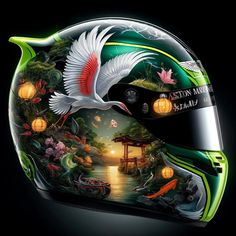 the helmet is decorated with an image of a bird flying over a lake and lanterns