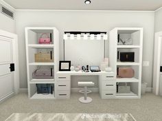 a white desk and shelves in a room with carpeted flooring on the floor