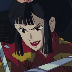 a woman with black hair holding a knife in her hand and an anime quote on it