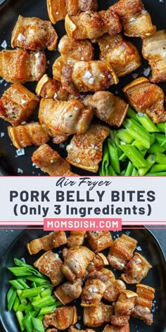 pork belly bites on a black plate with green beans and onions in the background, along with text overlay that reads pork belly bites only 3 ingredients