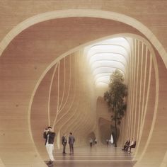 people are walking around in an open space with wooden walls and arches on the ceiling