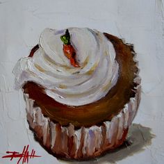 a painting of a cupcake with white frosting and a carrot on top