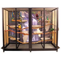 a display case with birds and waterfall in it