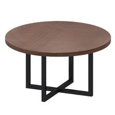 a round wooden table with black metal legs and a wood top on an isolated white background