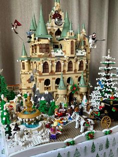 a large lego castle with lots of christmas decorations