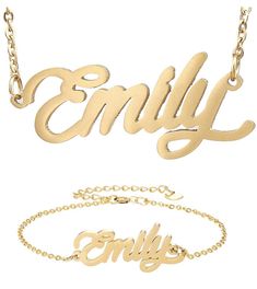 Emily Name Pendant Necklace & Bracelet 18k Gold Plated Stainless Steel Jewelry Set Gift for Her. Personal name necklace bracelet best birthday gifts for friends ,families, everyday wear. Package: 1 necklace & 1 Bracelet with the same name in cute box. Chain Length: Necklace 18", Bracelet 5.5" From clasp to name is about 8 1/4 inches long. The other side that has the extender on it is about 10 1/4 inches long. Great gifts for best friends, mom, sister, grandaughter, cousin, wife, girlfriends Shipped with USPS First Class. Emily Name, Birthday Gifts For Friends, Gifts For Best Friends, Name Pendant, Length Necklace, Cute Box, Friends Mom, Best Birthday Gifts, Friend Birthday Gifts