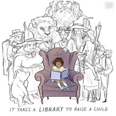 a child is sitting in a chair reading a book with an image of lions behind them