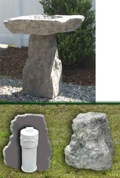 there are three different types of rocks in the yard and one has a water fountain