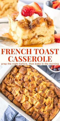 french toast casserole with fresh strawberries in the background and text overlay