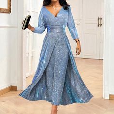 Europe Women Luxury Sequin Sexy Slim-fit Dress V-neck Long Sleeve Big Swing Gown Prom Jumpsuit, Banquet Dresses, Sequin Jumpsuit, Long Sleeve Sequin, High Waist Fashion, Jumpsuit Fashion, Zambia, Spring Outfits Casual, Casual Summer Outfits