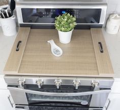 a potted plant sitting on top of an oven