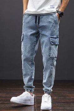 Men Jogger Jeans, Baggy Jeans Men, Alpha Man, Denim Photoshoot, Blue Baggy Jeans, Jean Trousers, Trousers Plus Size, Mode Turban, All Jeans