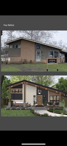 the before and after pictures of a house with siding, windows, and front porch