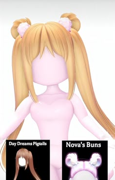 an animated girl with long blonde hair and pigtails is shown in three different positions