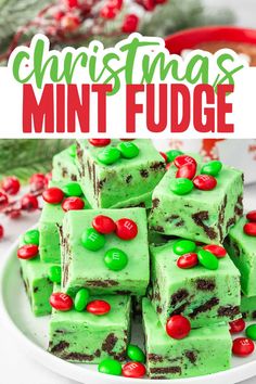 christmas mint fudge on a white plate with red and green candies around it