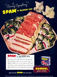 an advertisement for spam with meat and broccoli