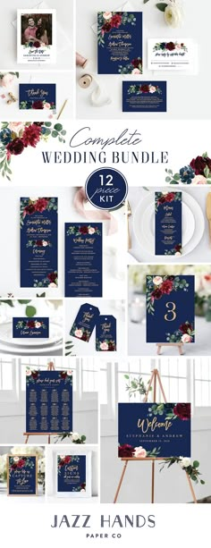 the wedding bundle includes navy blue and burgundy flowers, gold foil lettering, and matching place cards