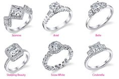 six different types of engagement rings with their names on the front and side, all in white