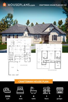 the craftsman house plan is shown in this image, it has three bedroom and two bathrooms