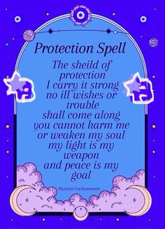 a purple and blue background with an image of clouds, stars and the words protection spell