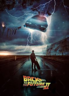 the back to the future movie poster with a man holding a skateboard in his hand