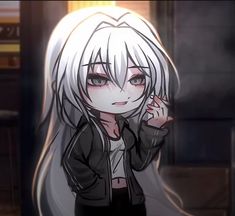 an anime character with long white hair and black pants standing in front of a table